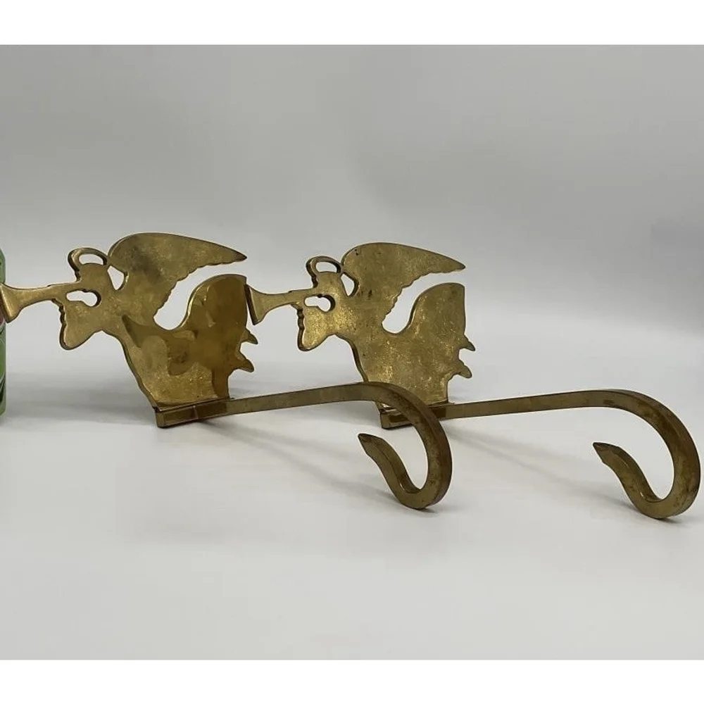 2 Solid Brass Angel Stocking Holder Mantel Long Arm Gold Heavy India